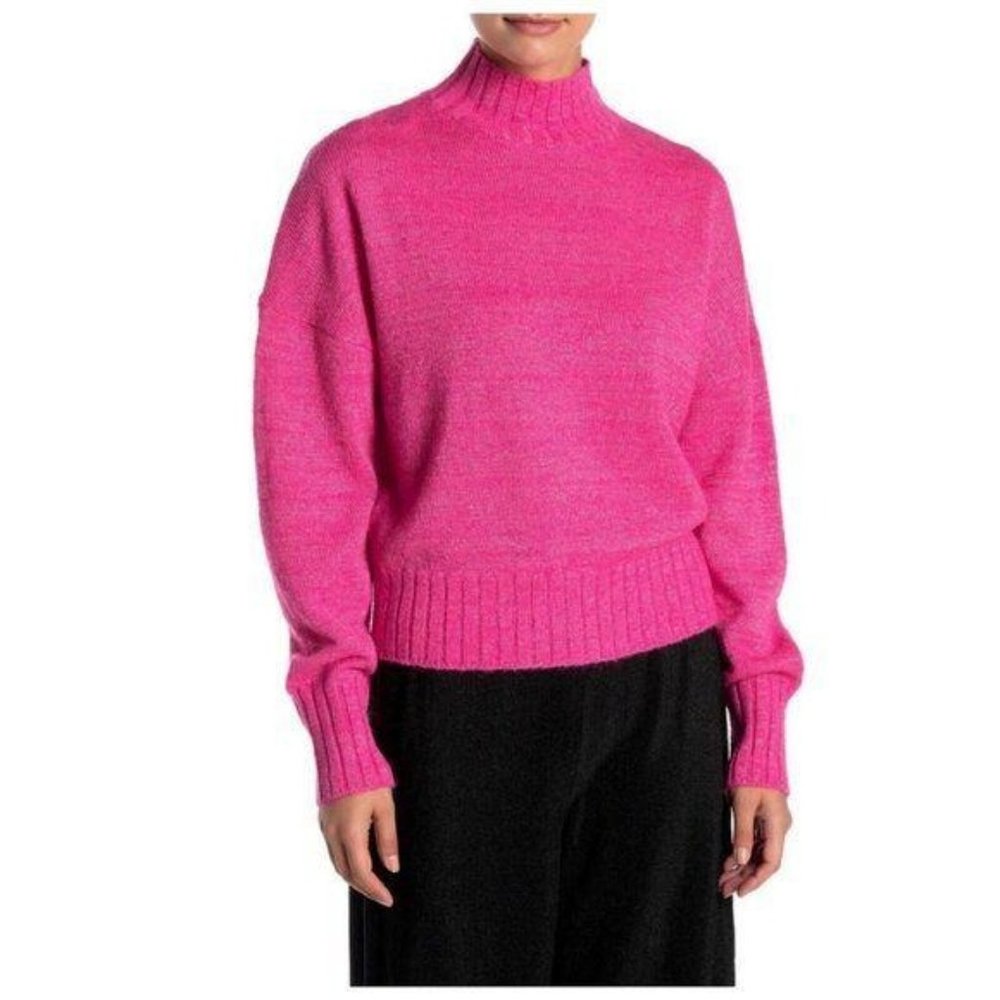 NSR Pink Metallic Mock Neck Ribbed Sweater